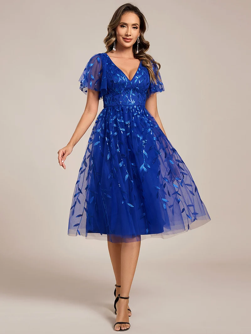 ever SIMONE|Robe d'invité de mariage formelle mi-longue à paillettes et feuilles à manches courtes