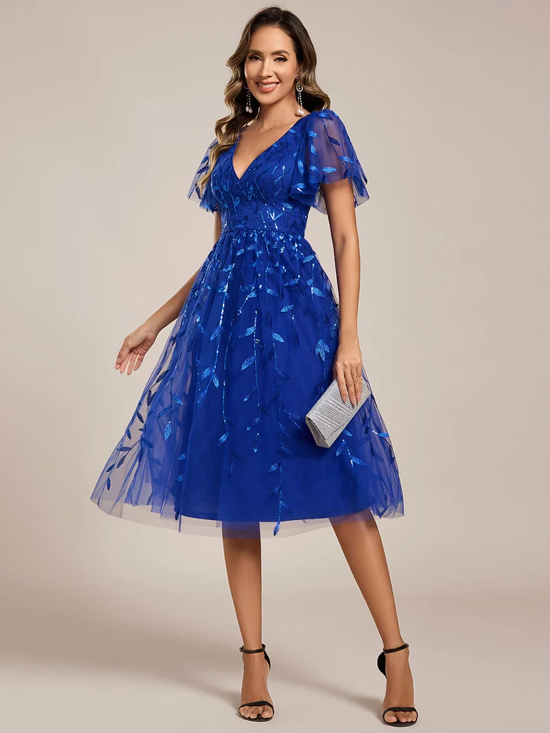 ever SIMONE|Robe d'invité de mariage formelle mi-longue à paillettes et feuilles à manches courtes
