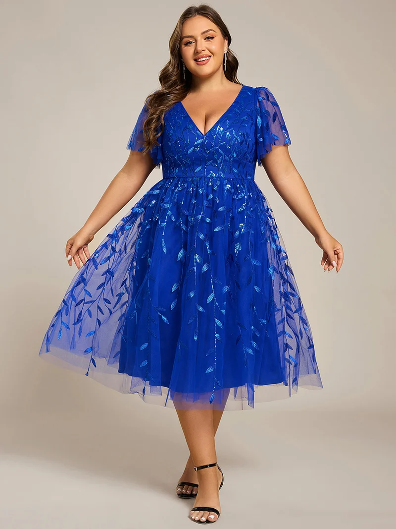 ever SIMONE|Robe d'invité de mariage formelle mi-longue à paillettes et feuilles à manches courtes