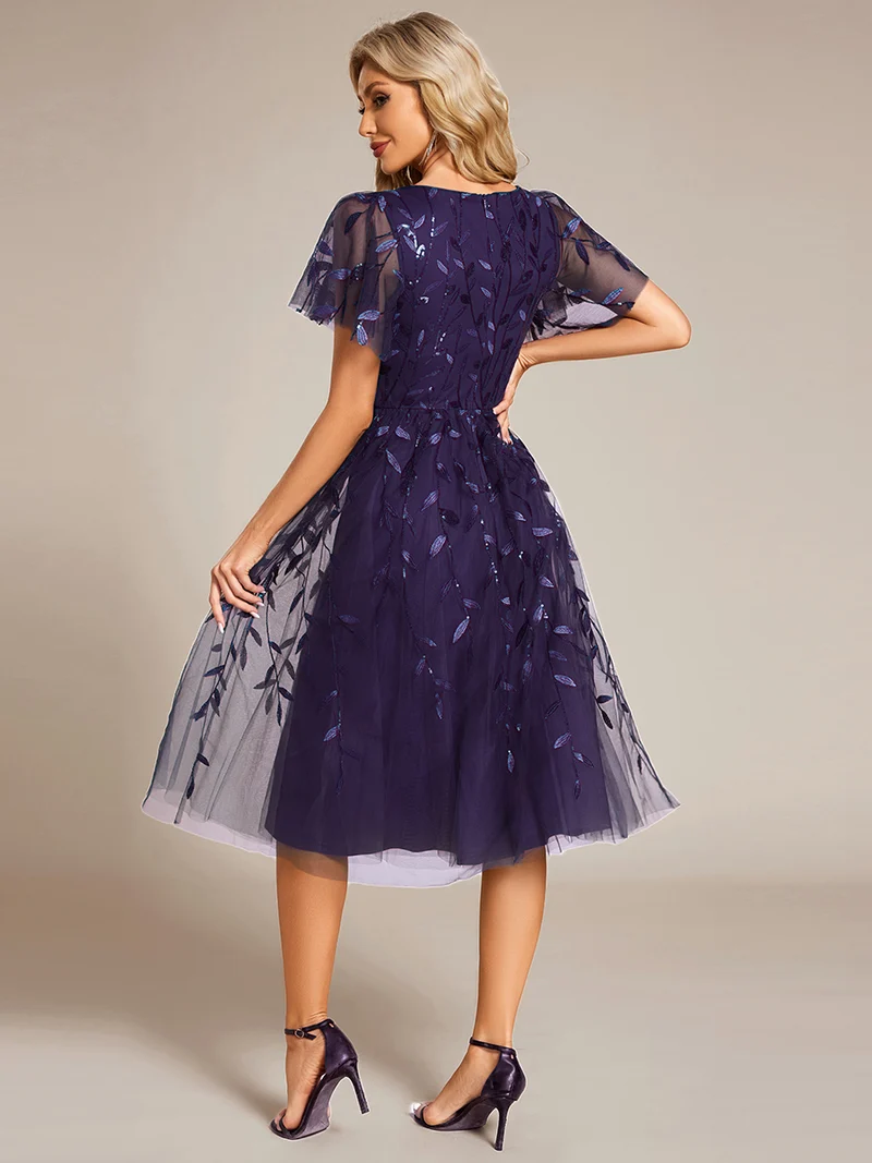 ever SIMONE|Robe d'invité de mariage formelle mi-longue à paillettes et feuilles à manches courtes