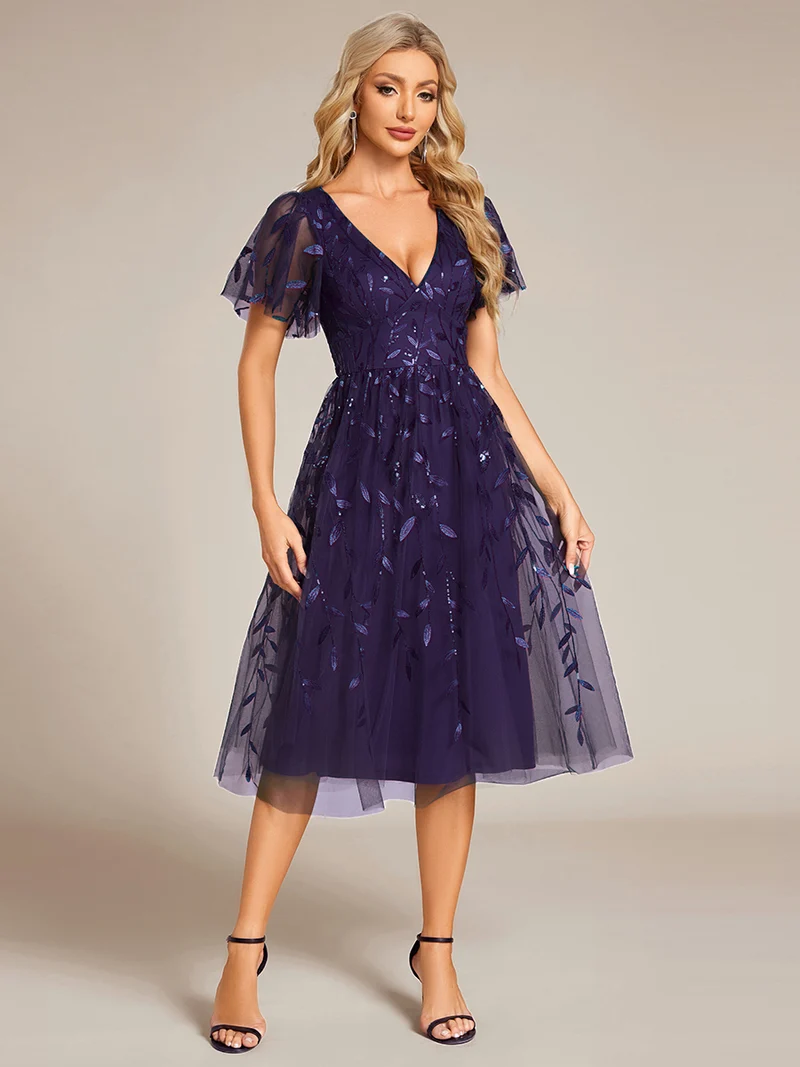 ever SIMONE|Robe d'invité de mariage formelle mi-longue à paillettes et feuilles à manches courtes