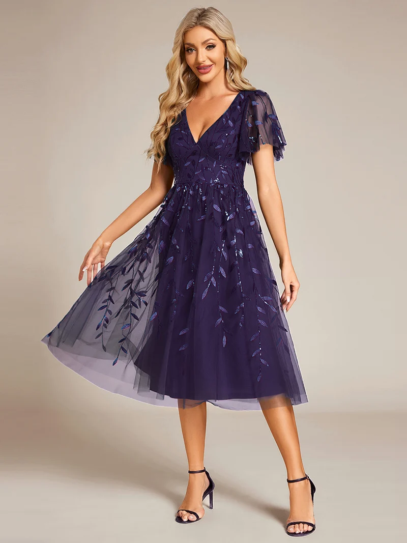 ever SIMONE|Robe d'invité de mariage formelle mi-longue à paillettes et feuilles à manches courtes