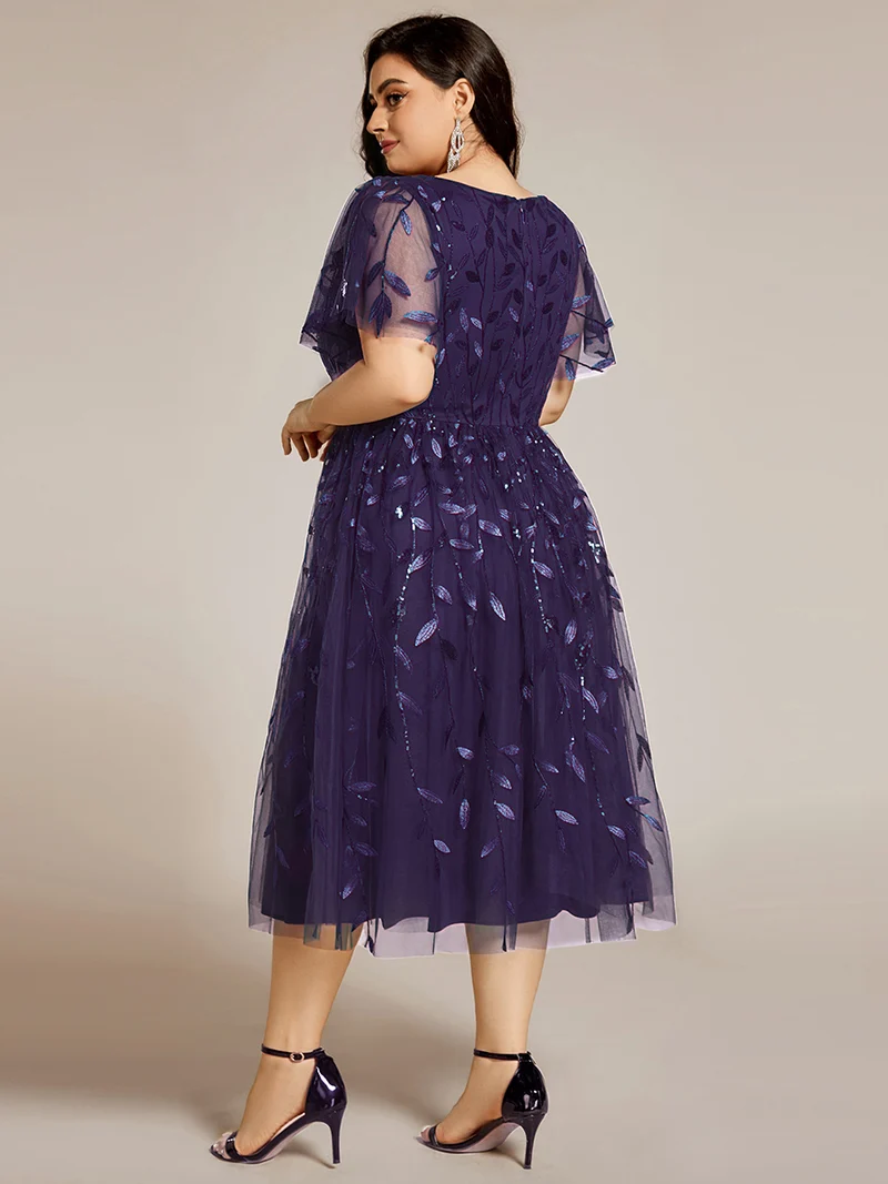 ever SIMONE|Robe d'invité de mariage formelle mi-longue à paillettes et feuilles à manches courtes