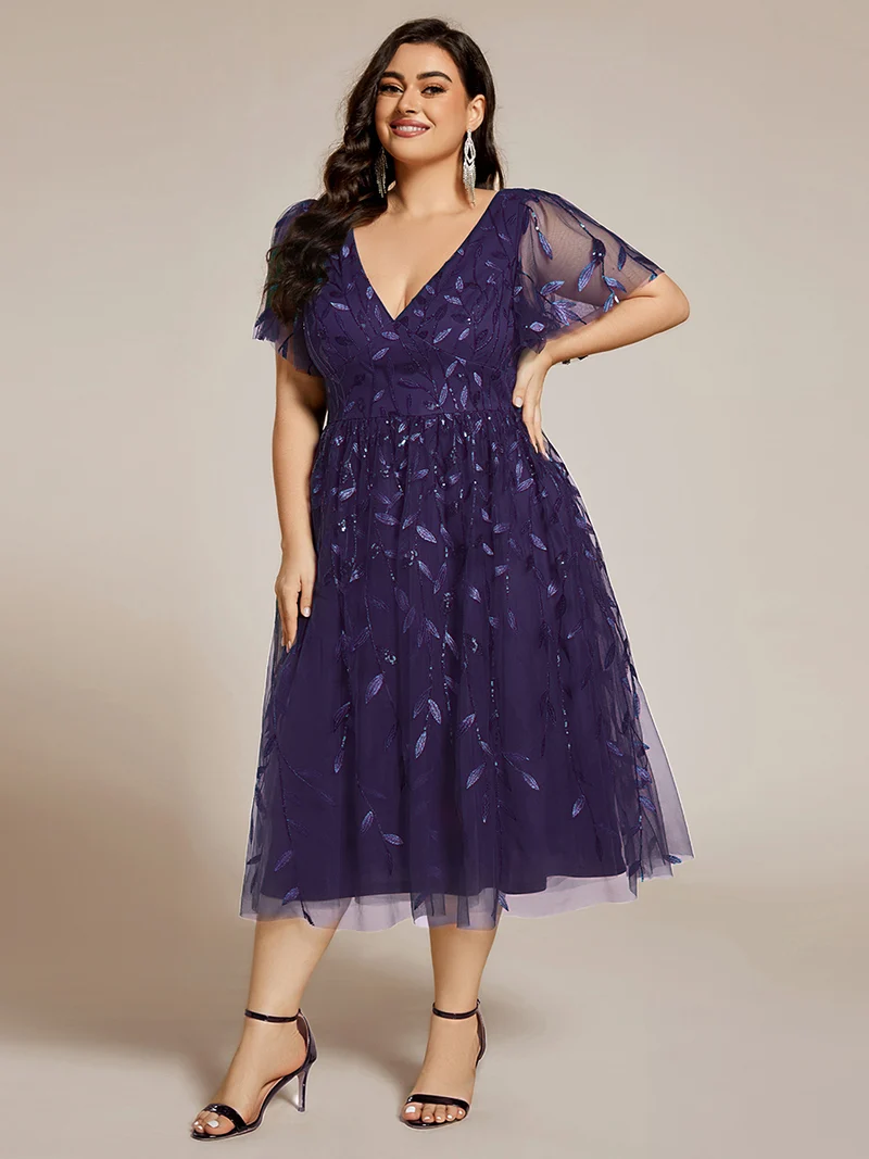 ever SIMONE|Robe d'invité de mariage formelle mi-longue à paillettes et feuilles à manches courtes