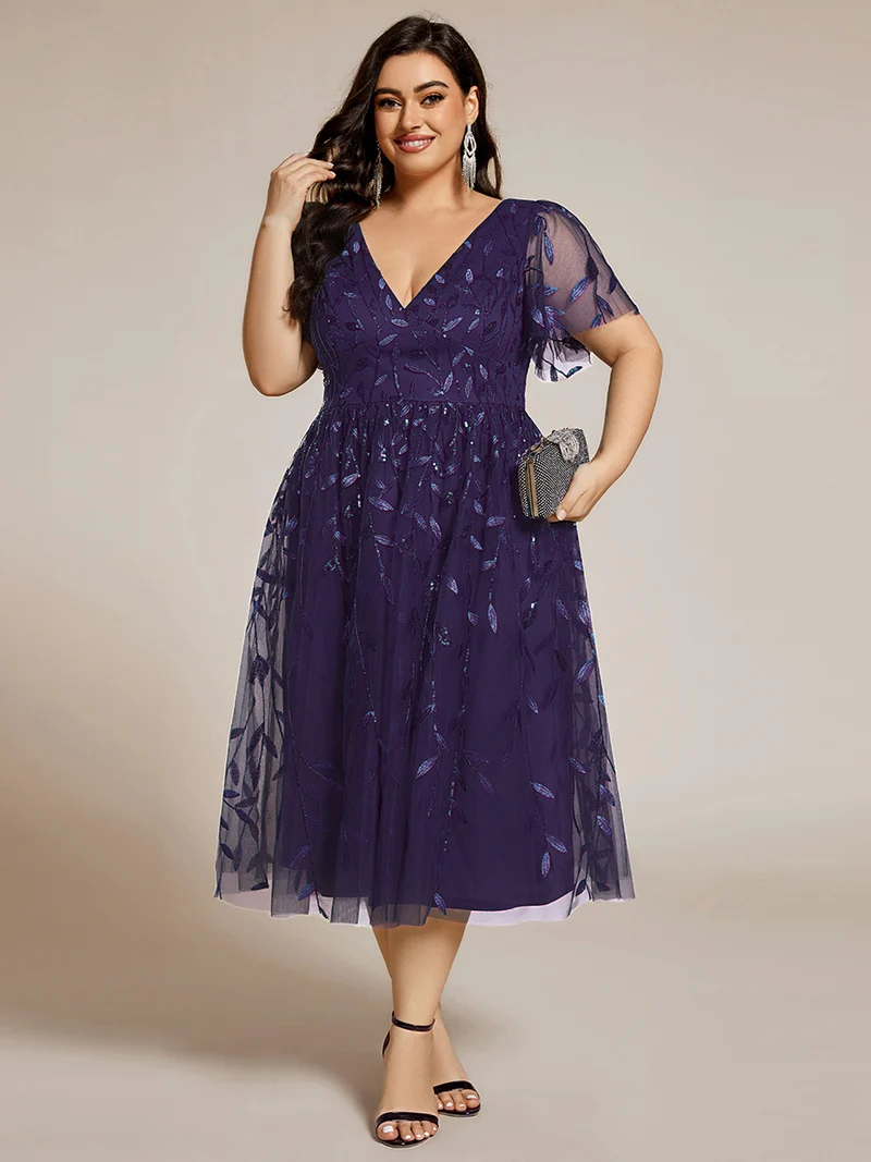 ever SIMONE|Robe d'invité de mariage formelle mi-longue à paillettes et feuilles à manches courtes