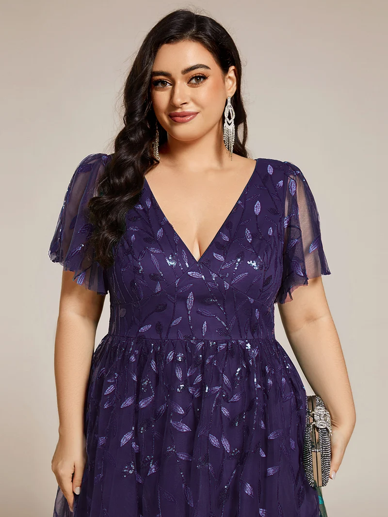 ever SIMONE|Robe d'invité de mariage formelle mi-longue à paillettes et feuilles à manches courtes