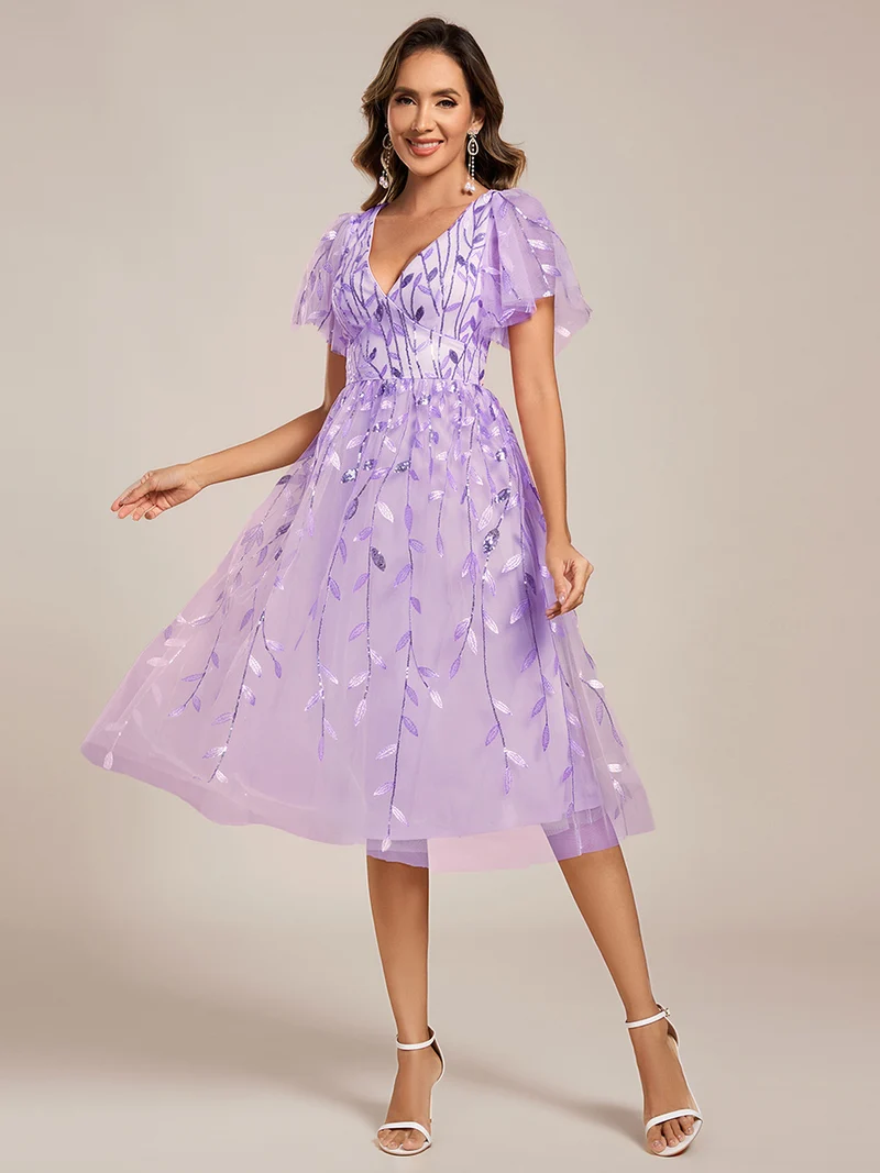 ever SIMONE|Robe d'invité de mariage formelle mi-longue à paillettes et feuilles à manches courtes