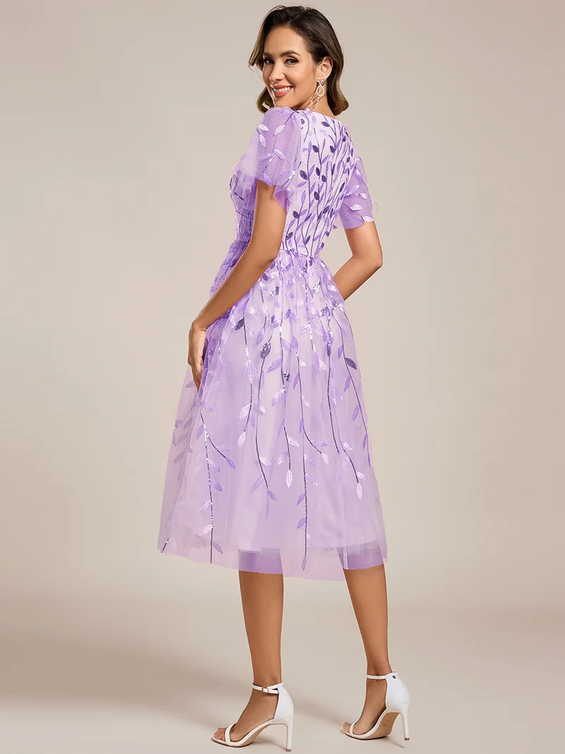 ever SIMONE|Robe d'invité de mariage formelle mi-longue à paillettes et feuilles à manches courtes