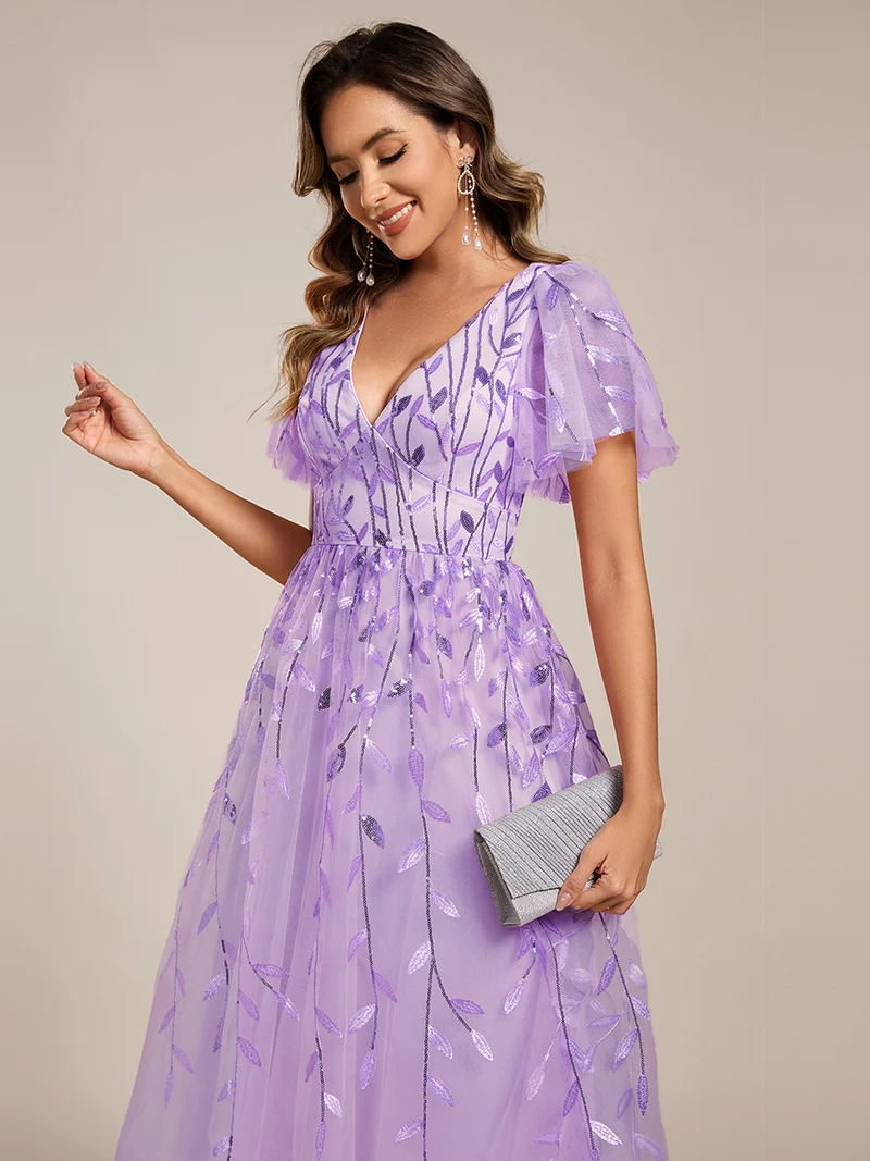ever SIMONE|Robe d'invité de mariage formelle mi-longue à paillettes et feuilles à manches courtes
