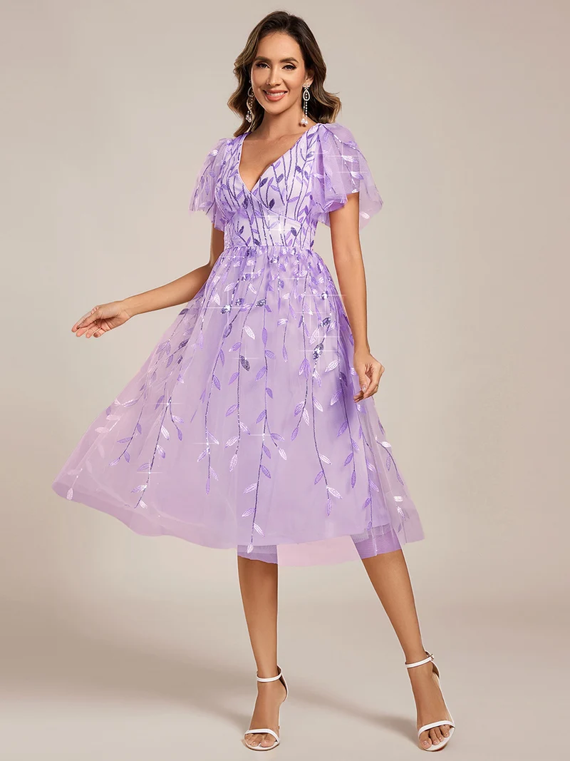 ever SIMONE|Robe d'invité de mariage formelle mi-longue à paillettes et feuilles à manches courtes