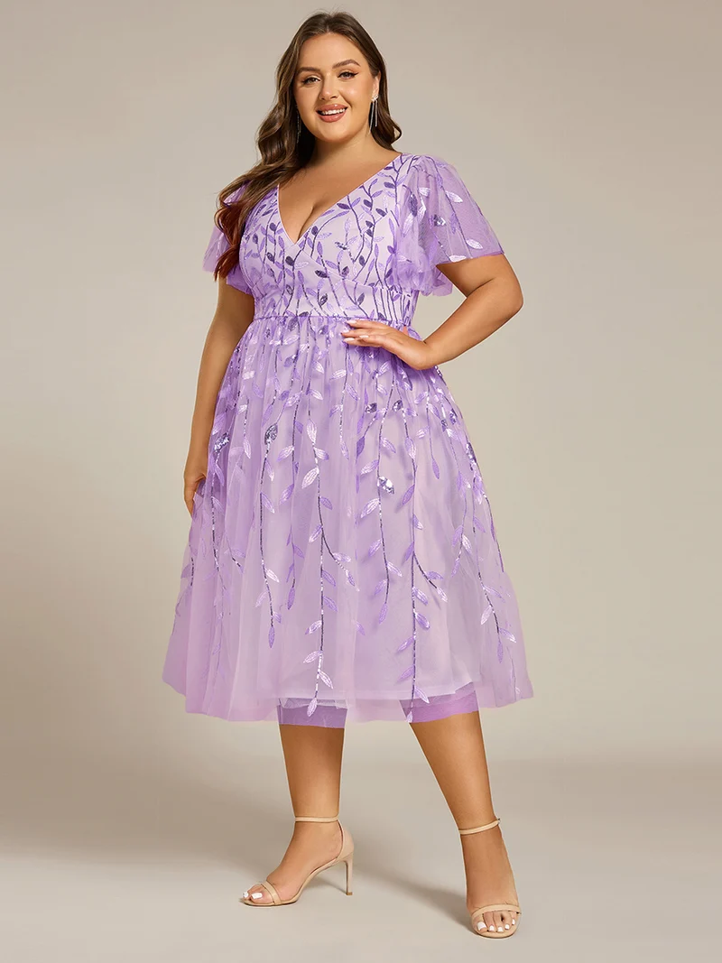ever SIMONE|Robe d'invité de mariage formelle mi-longue à paillettes et feuilles à manches courtes