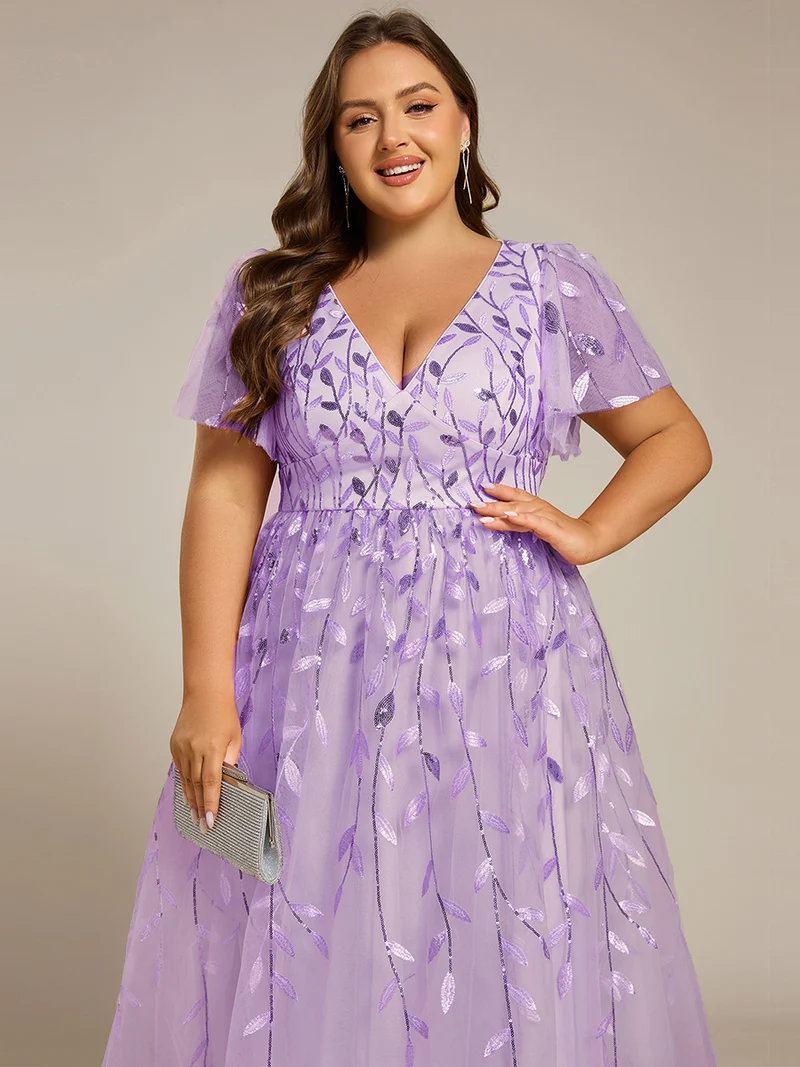 ever SIMONE|Robe d'invité de mariage formelle mi-longue à paillettes et feuilles à manches courtes