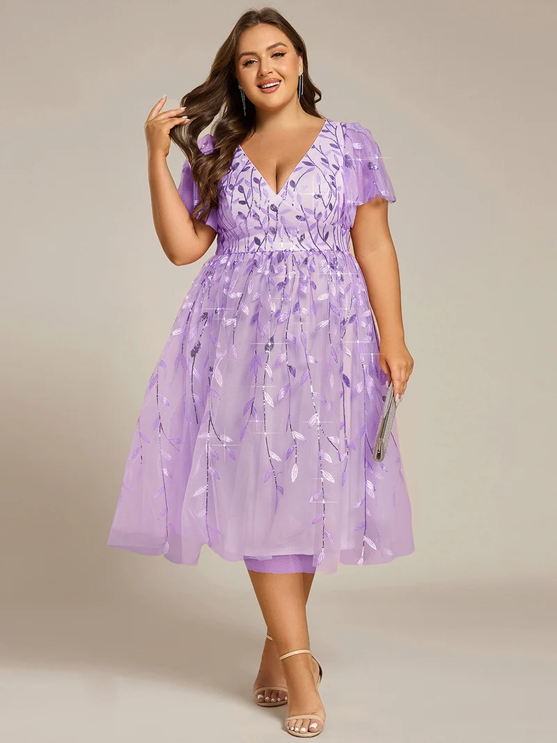 ever SIMONE|Robe d'invité de mariage formelle mi-longue à paillettes et feuilles à manches courtes