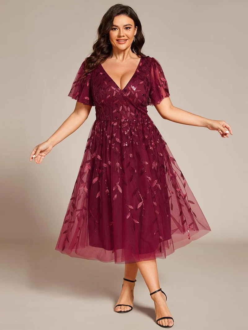 pretty SIMONE|Robe d'invité de mariage formelle en tulle mi-longue scintillante de grande taille avec paillettes de feuilles
