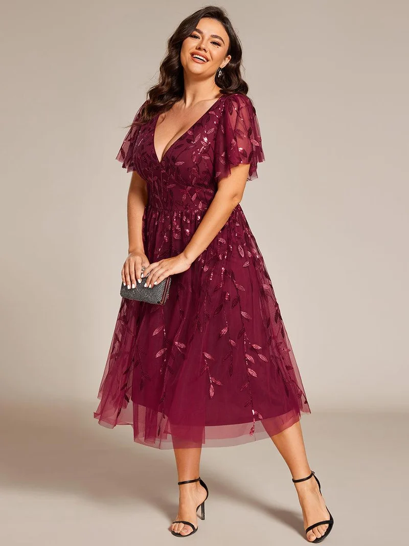 pretty SIMONE|Robe d'invité de mariage formelle en tulle mi-longue scintillante de grande taille avec paillettes de feuilles