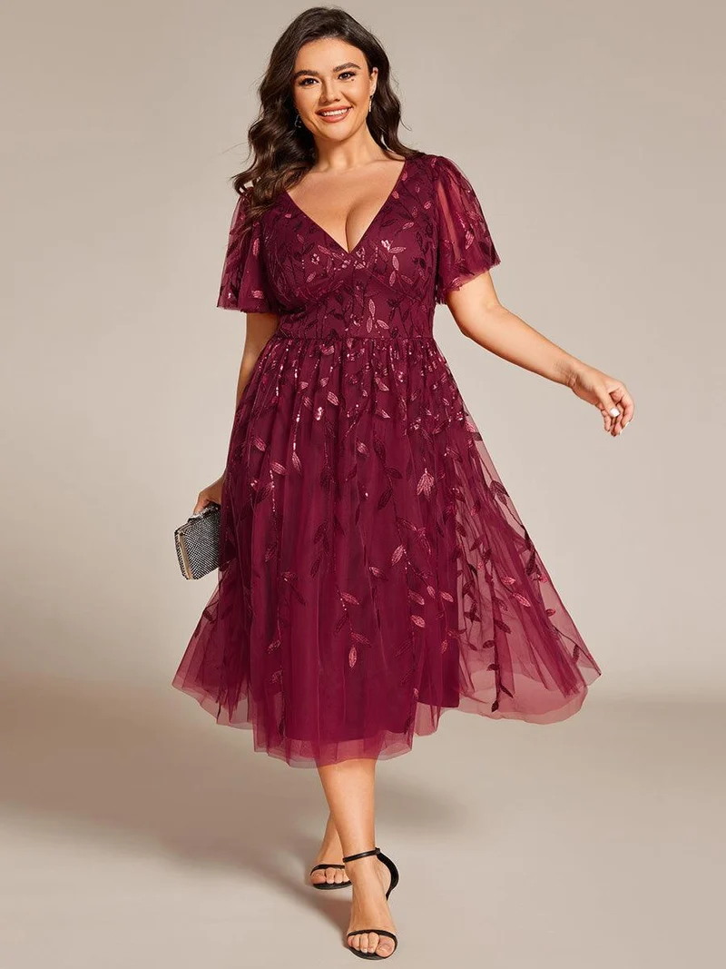 pretty SIMONE|Robe d'invité de mariage formelle en tulle mi-longue scintillante de grande taille avec paillettes de feuilles