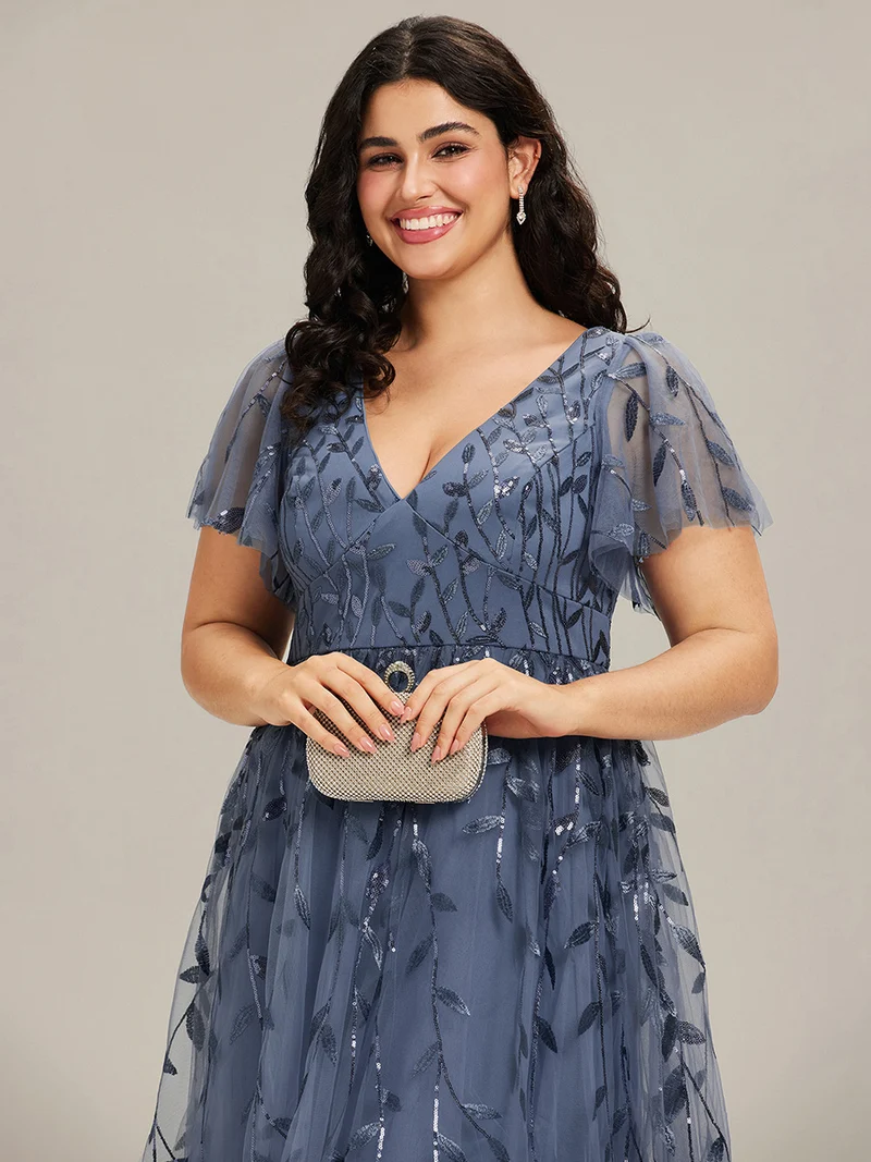 pretty SIMONE|Robe d'invité de mariage formelle en tulle mi-longue scintillante de grande taille avec paillettes de feuilles