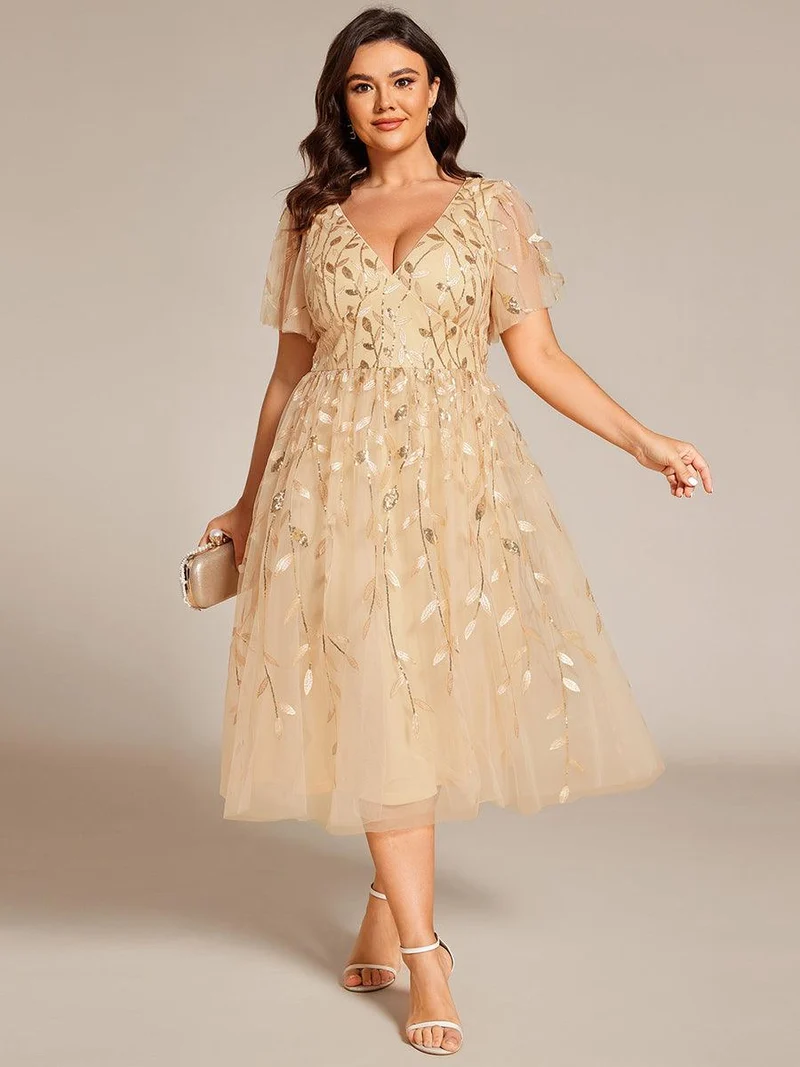 pretty SIMONE|Robe d'invité de mariage formelle en tulle mi-longue scintillante de grande taille avec paillettes de feuilles