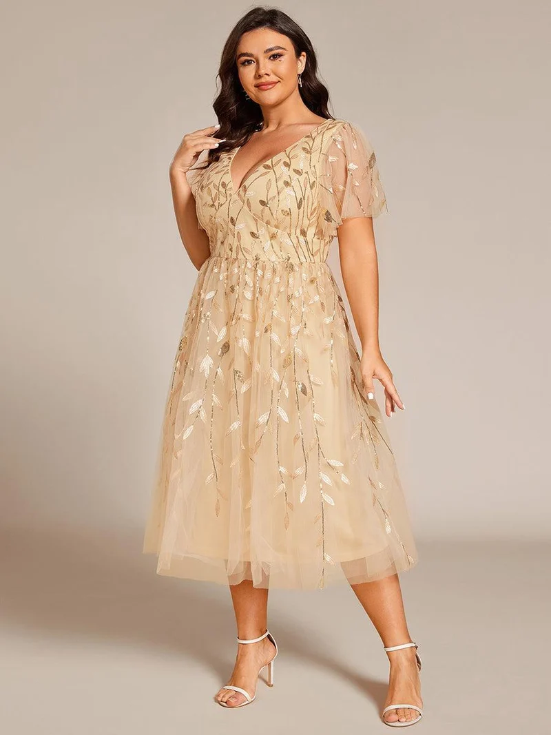 pretty SIMONE|Robe d'invité de mariage formelle en tulle mi-longue scintillante de grande taille avec paillettes de feuilles