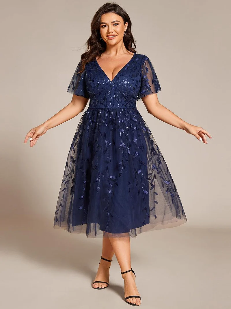 pretty SIMONE|Robe d'invité de mariage formelle en tulle mi-longue scintillante de grande taille avec paillettes de feuilles