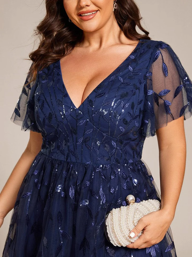 pretty SIMONE|Robe d'invité de mariage formelle en tulle mi-longue scintillante de grande taille avec paillettes de feuilles