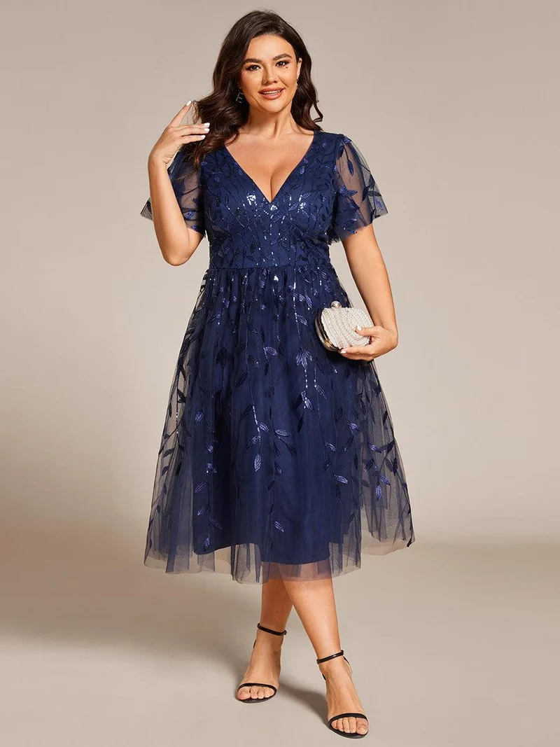 pretty SIMONE|Robe d'invité de mariage formelle en tulle mi-longue scintillante de grande taille avec paillettes de feuilles