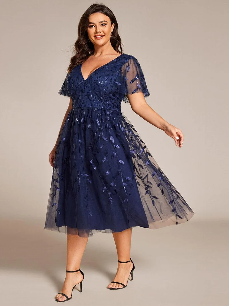 pretty SIMONE|Robe d'invité de mariage formelle en tulle mi-longue scintillante de grande taille avec paillettes de feuilles