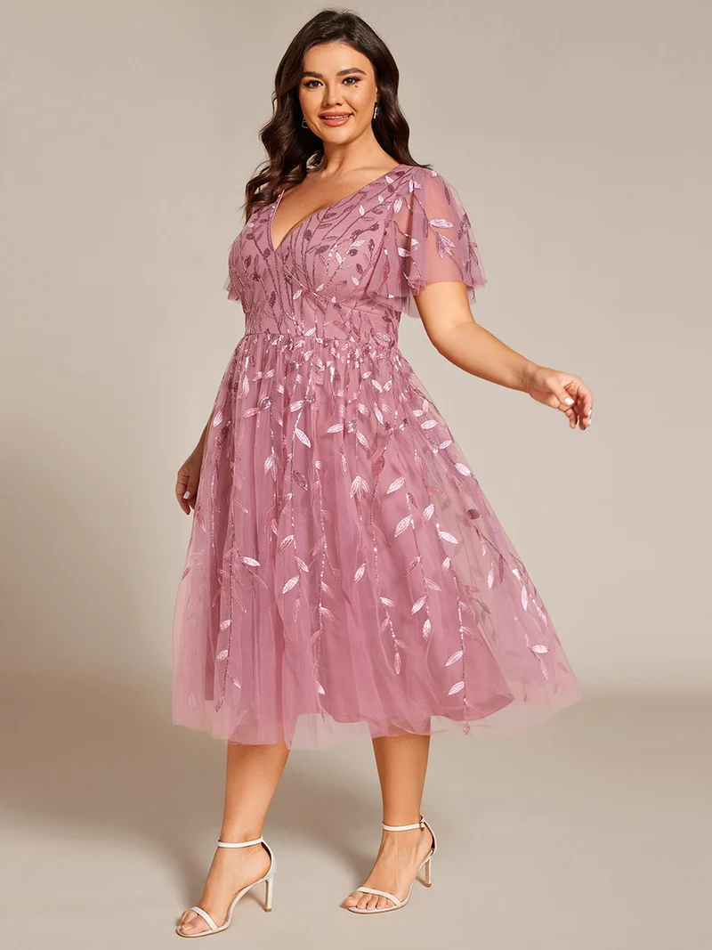 pretty SIMONE|Robe d'invité de mariage formelle en tulle mi-longue scintillante de grande taille avec paillettes de feuilles