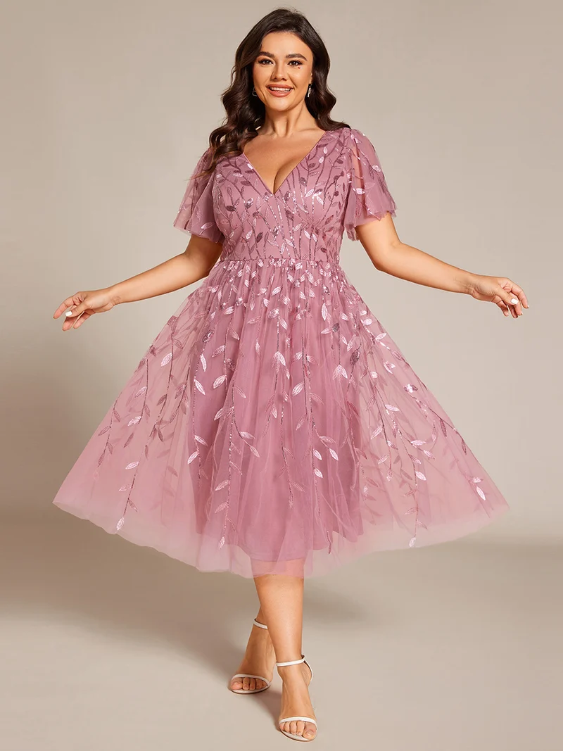 pretty SIMONE|Robe d'invité de mariage formelle en tulle mi-longue scintillante de grande taille avec paillettes de feuilles