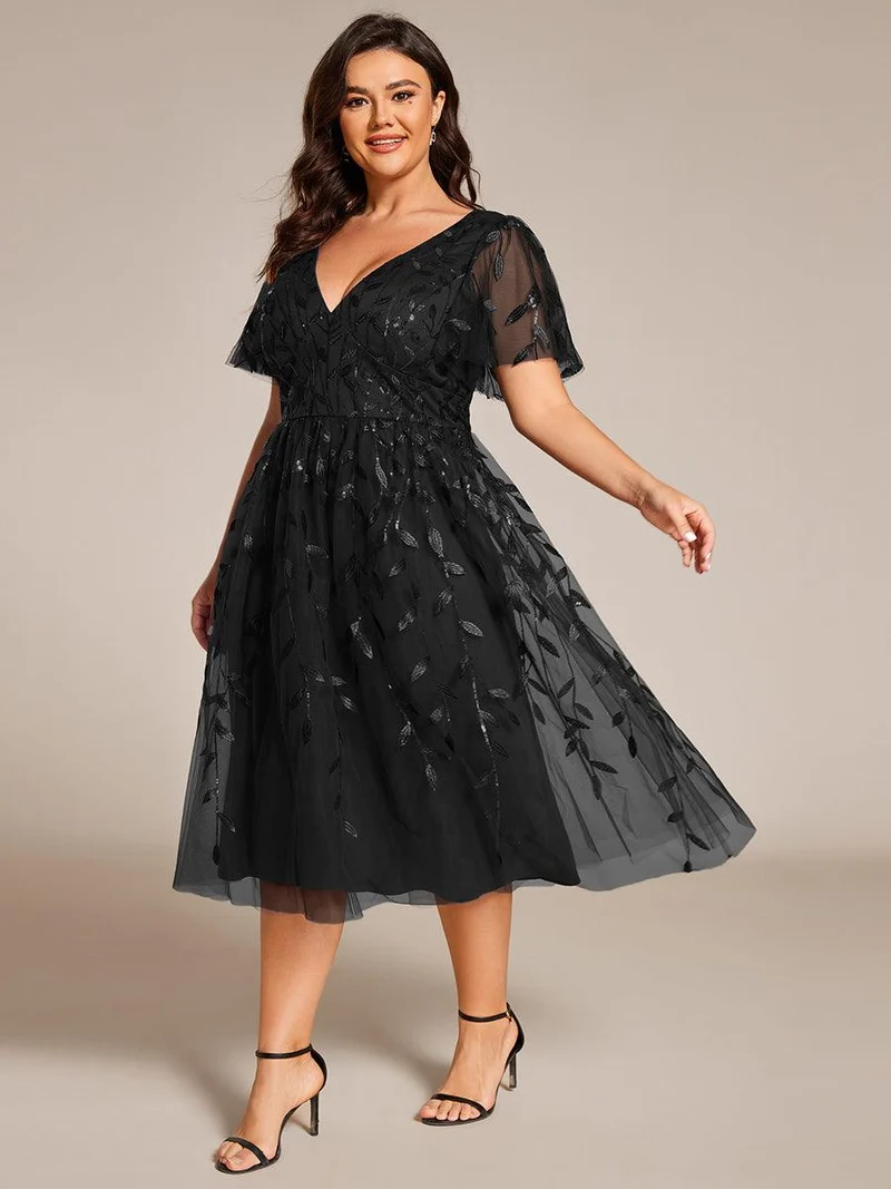 pretty SIMONE|Robe d'invité de mariage formelle en tulle mi-longue scintillante de grande taille avec paillettes de feuilles