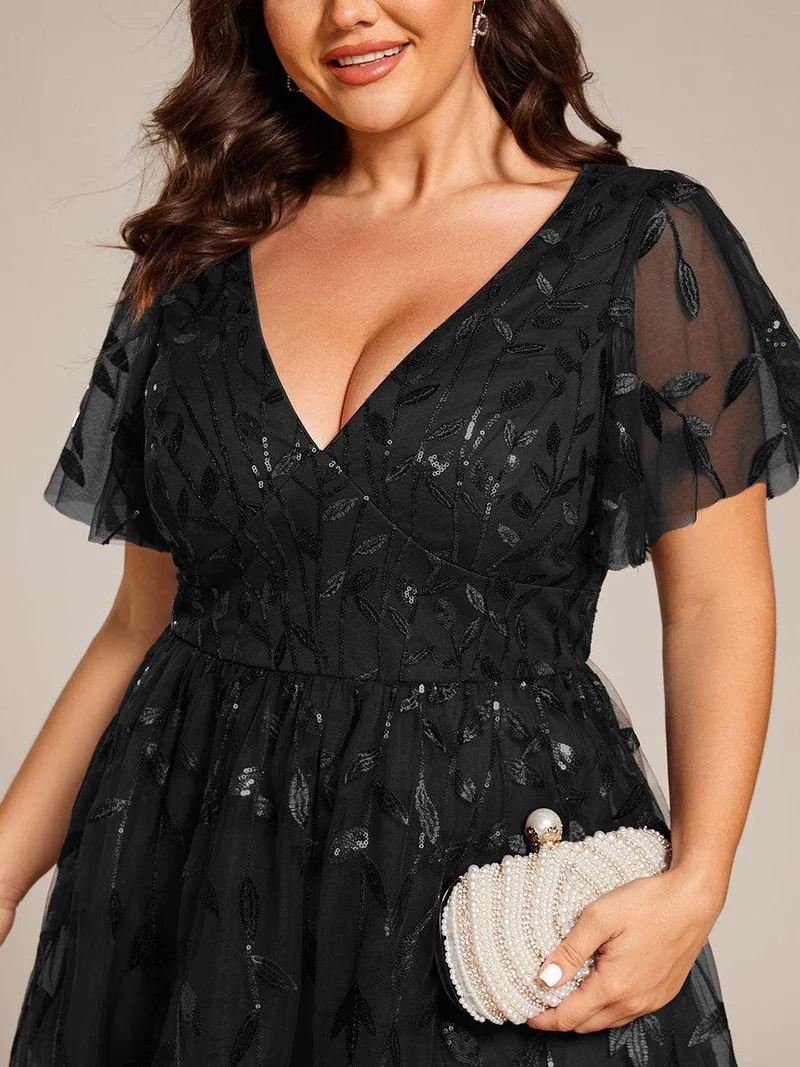 pretty SIMONE|Robe d'invité de mariage formelle en tulle mi-longue scintillante de grande taille avec paillettes de feuilles