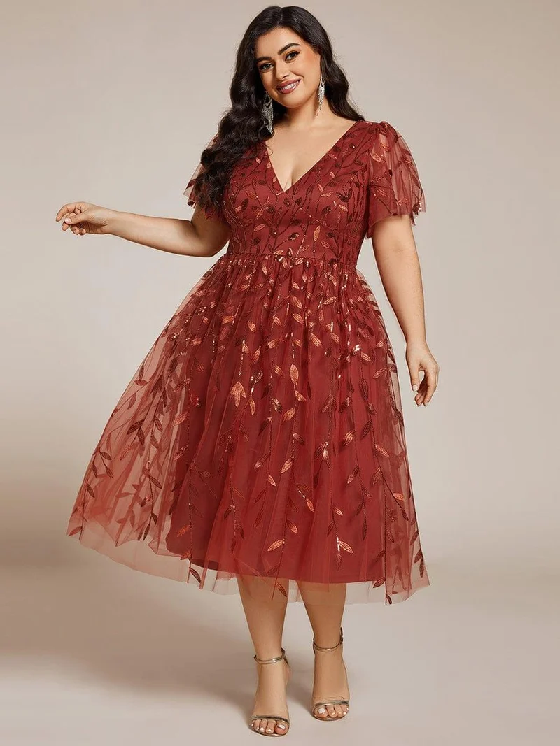pretty SIMONE|Robe d'invité de mariage formelle en tulle mi-longue scintillante de grande taille avec paillettes de feuilles