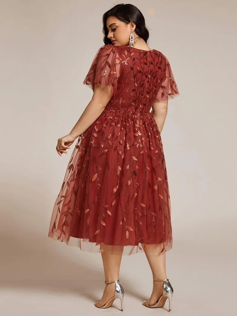pretty SIMONE|Robe d'invité de mariage formelle en tulle mi-longue scintillante de grande taille avec paillettes de feuilles
