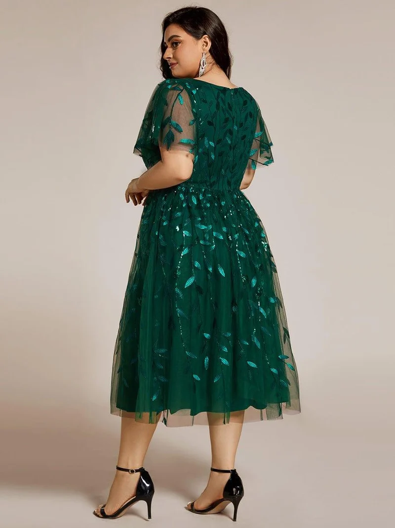 pretty SIMONE|Robe d'invité de mariage formelle en tulle mi-longue scintillante de grande taille avec paillettes de feuilles