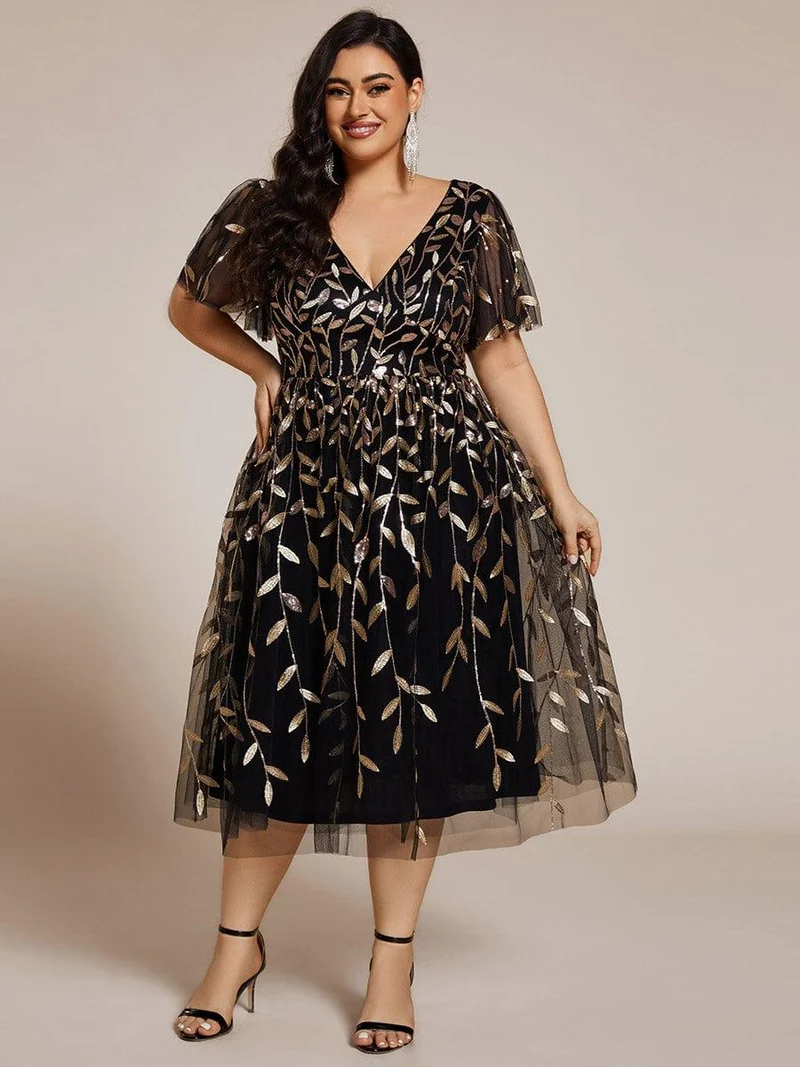 pretty SIMONE|Robe d'invité de mariage formelle en tulle mi-longue scintillante de grande taille avec paillettes de feuilles