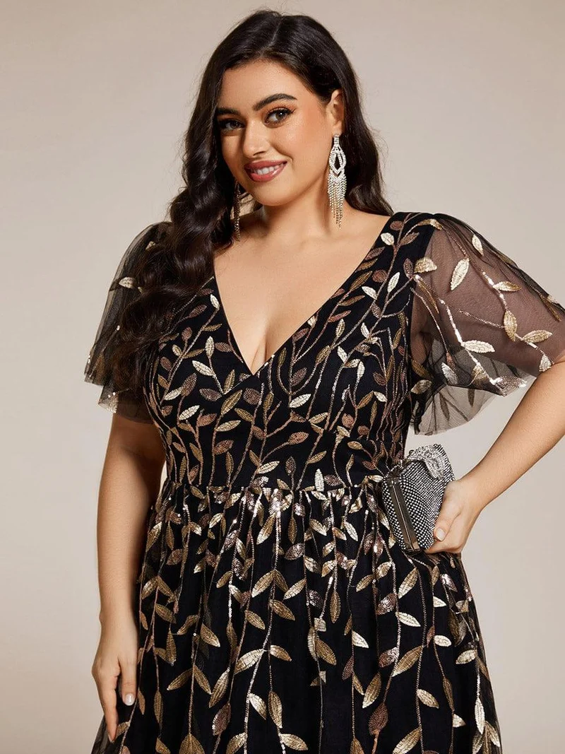 pretty SIMONE|Robe d'invité de mariage formelle en tulle mi-longue scintillante de grande taille avec paillettes de feuilles