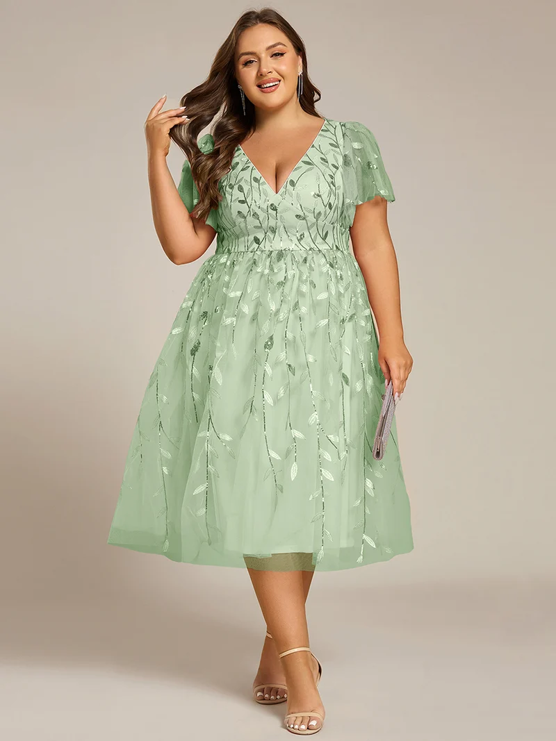 pretty SIMONE|Robe d'invité de mariage formelle en tulle mi-longue scintillante de grande taille avec paillettes de feuilles