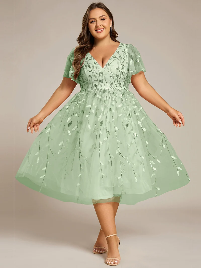 pretty SIMONE|Robe d'invité de mariage formelle en tulle mi-longue scintillante de grande taille avec paillettes de feuilles