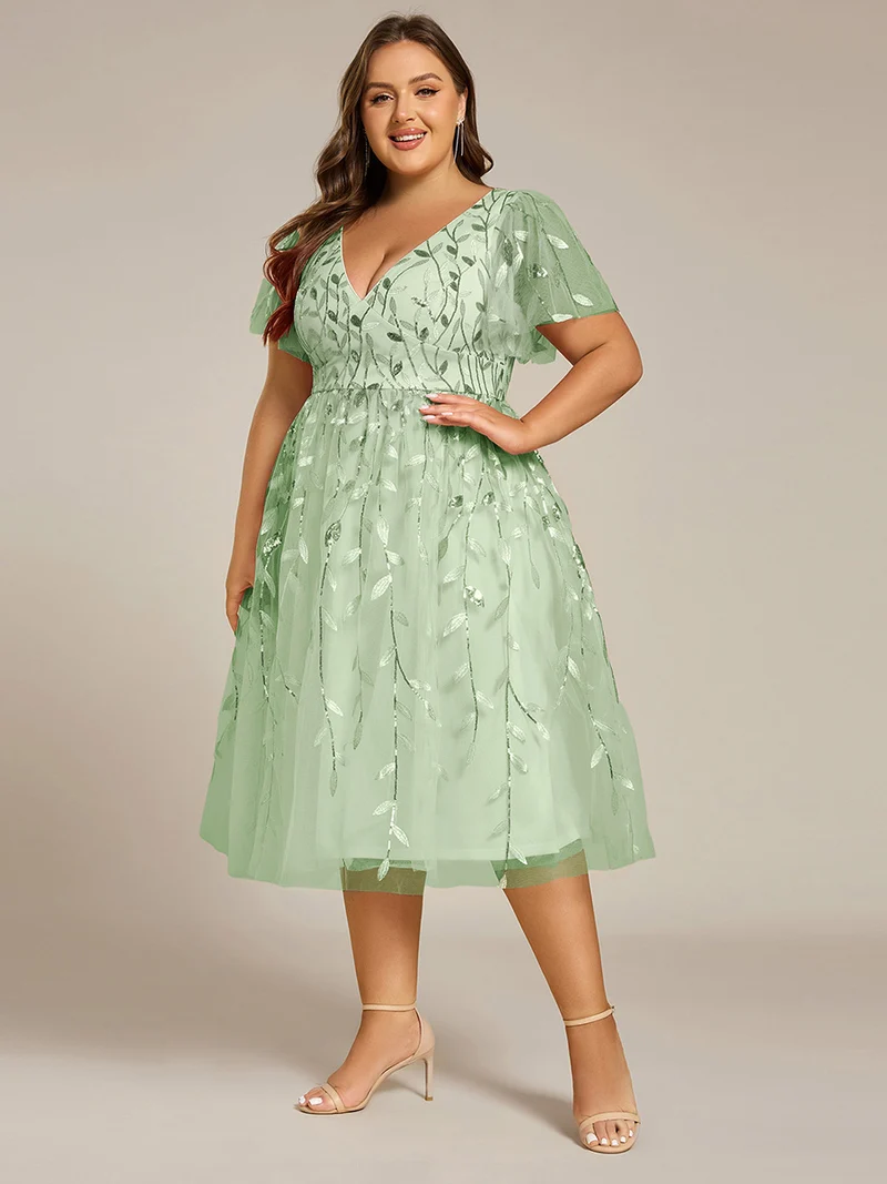 pretty SIMONE|Robe d'invité de mariage formelle en tulle mi-longue scintillante de grande taille avec paillettes de feuilles