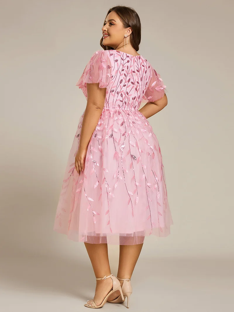 pretty SIMONE|Robe d'invité de mariage formelle en tulle mi-longue scintillante de grande taille avec paillettes de feuilles
