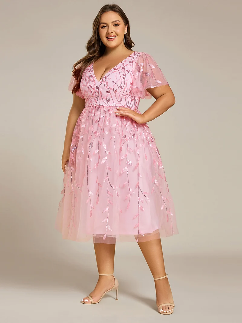 pretty SIMONE|Robe d'invité de mariage formelle en tulle mi-longue scintillante de grande taille avec paillettes de feuilles