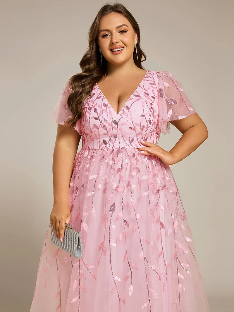 pretty SIMONE|Robe d'invité de mariage formelle en tulle mi-longue scintillante de grande taille avec paillettes de feuilles