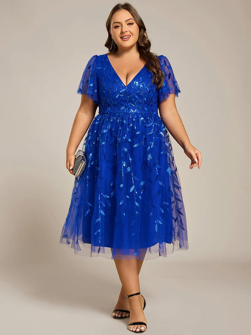 pretty SIMONE|Robe d'invité de mariage formelle en tulle mi-longue scintillante de grande taille avec paillettes de feuilles