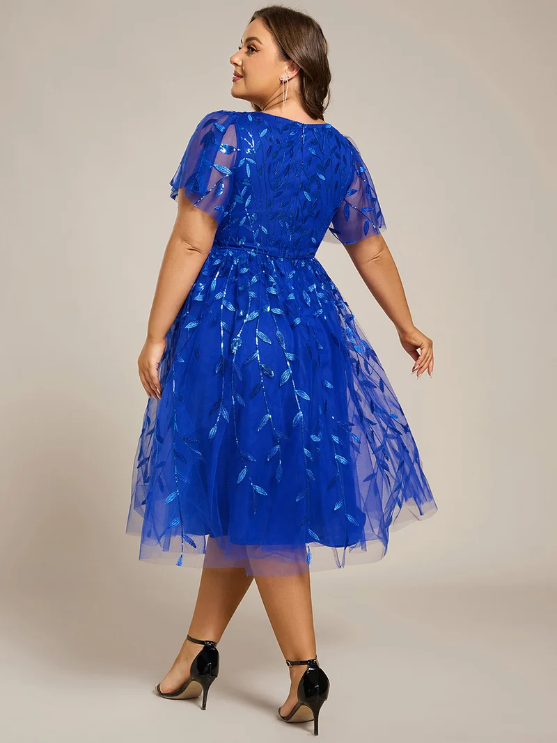 pretty SIMONE|Robe d'invité de mariage formelle en tulle mi-longue scintillante de grande taille avec paillettes de feuilles