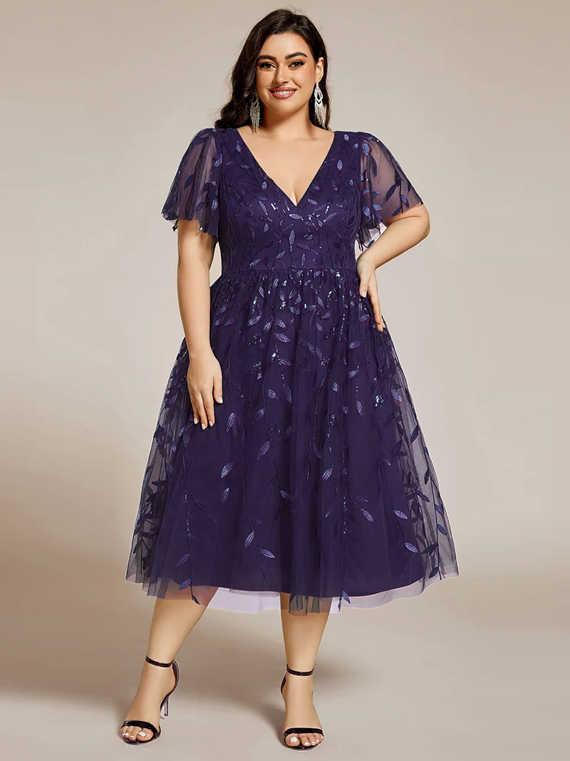 pretty SIMONE|Robe d'invité de mariage formelle en tulle mi-longue scintillante de grande taille avec paillettes de feuilles