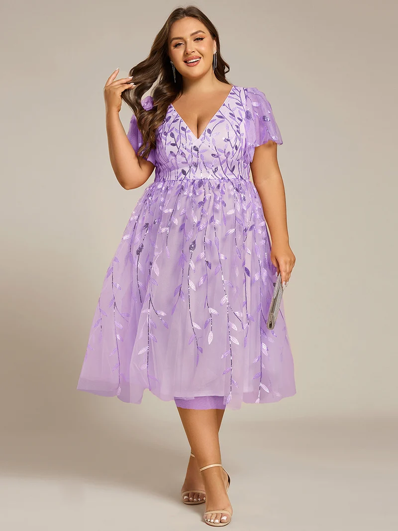 pretty SIMONE|Robe d'invité de mariage formelle en tulle mi-longue scintillante de grande taille avec paillettes de feuilles