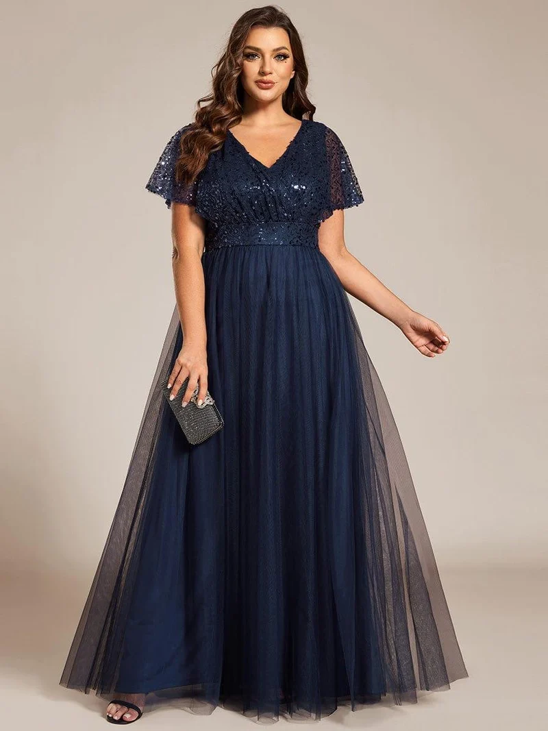 pretty NAVEYA|Robe de soirée formelle à paillettes manches courtes col en V grande taille
