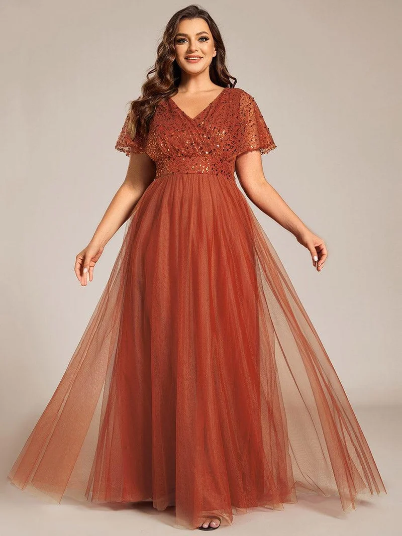 pretty NAVEYA|Robe de soirée formelle à paillettes manches courtes col en V grande taille