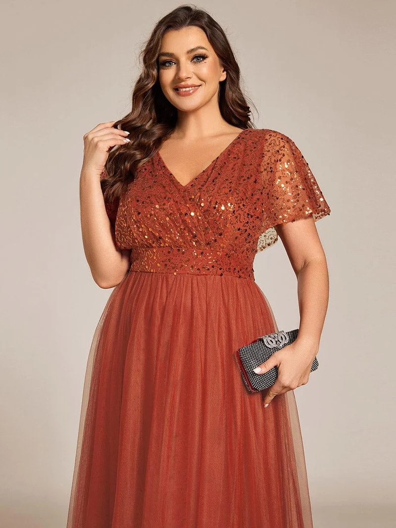 pretty NAVEYA|Robe de soirée formelle à paillettes manches courtes col en V grande taille