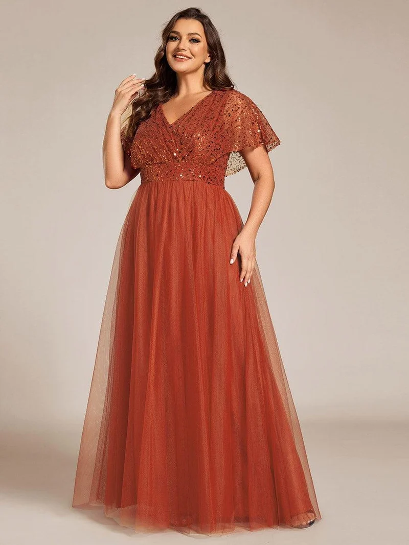 pretty NAVEYA|Robe de soirée formelle à paillettes manches courtes col en V grande taille